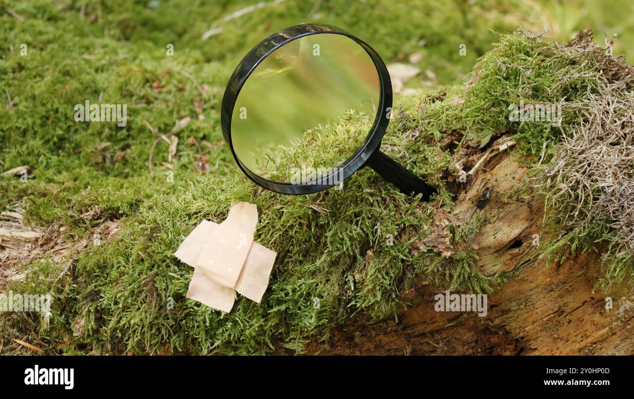 Ceppo d'albero ricoperto di muschio verde lussureggiante e contrassegnato con un intonaco e una lente d'ingrandimento Foto Stock