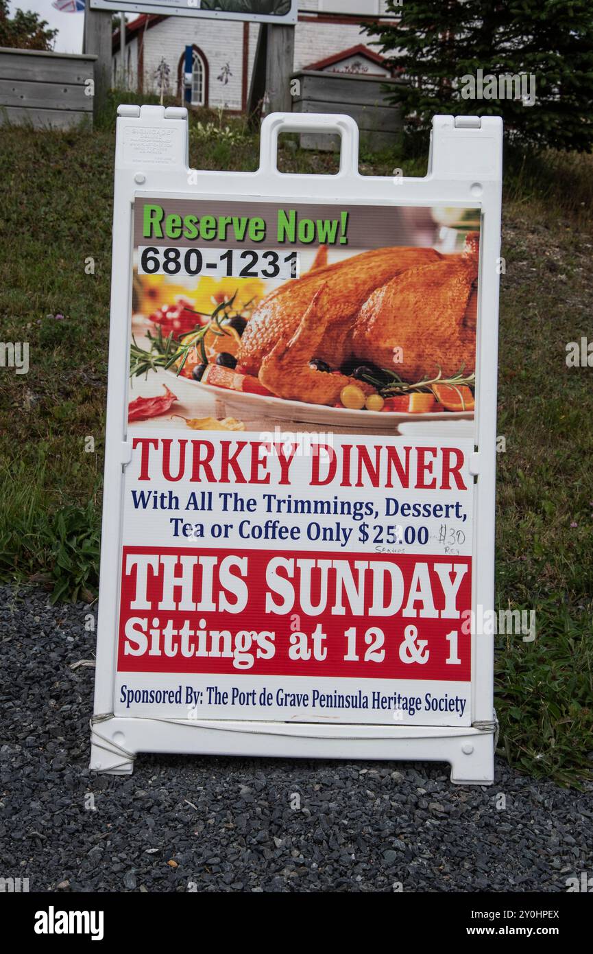 Heritage Society Inc. Cartello con la scritta "turkey Dinner" a Port de grave, Newfoundland & Labrador, Canada Foto Stock
