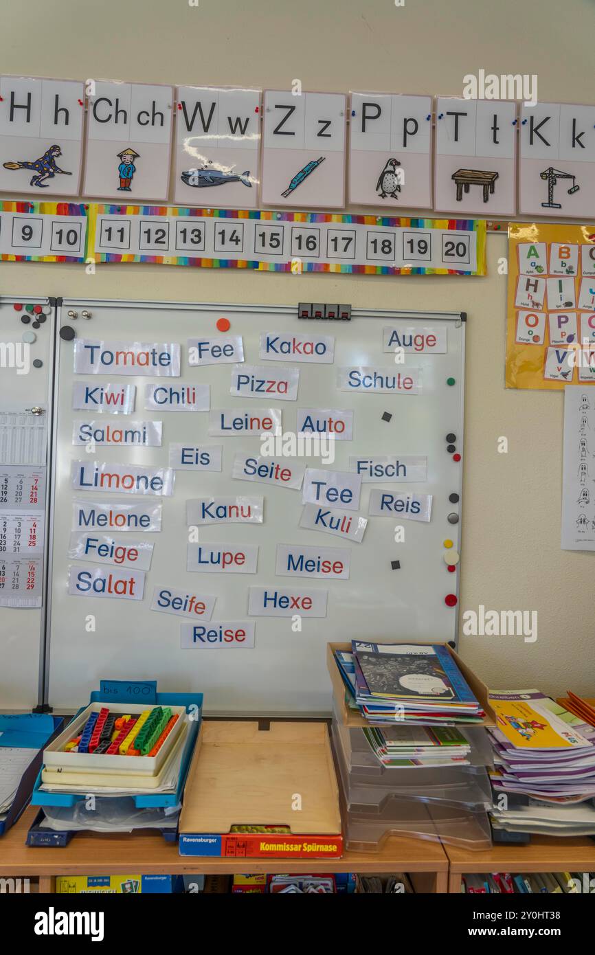 Classe di quarto grado, dopo la scuola, l'edificio è più vecchio ma in buone condizioni, apprendimento delle lingue, grammatica, parole, lingua, vocabolario, Foto Stock