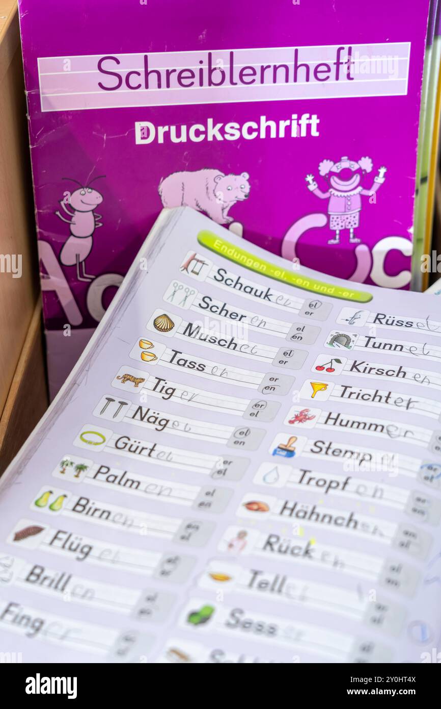 Classe di quarta elementare, dopo la scuola, l'edificio è più vecchio ma in buone condizioni, libri di testo, lingua, Foto Stock