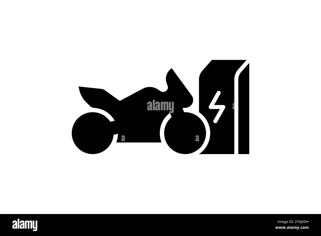 Icona ricarica elettrica sportbike nella stazione di ricarica. Simbolo nero della carica di energia della motocicletta elettrica. Cartello di ricarica elettromotociclette ecocompatibili. Logo eps per trasporto EV alimentato a batteria verde Illustrazione Vettoriale