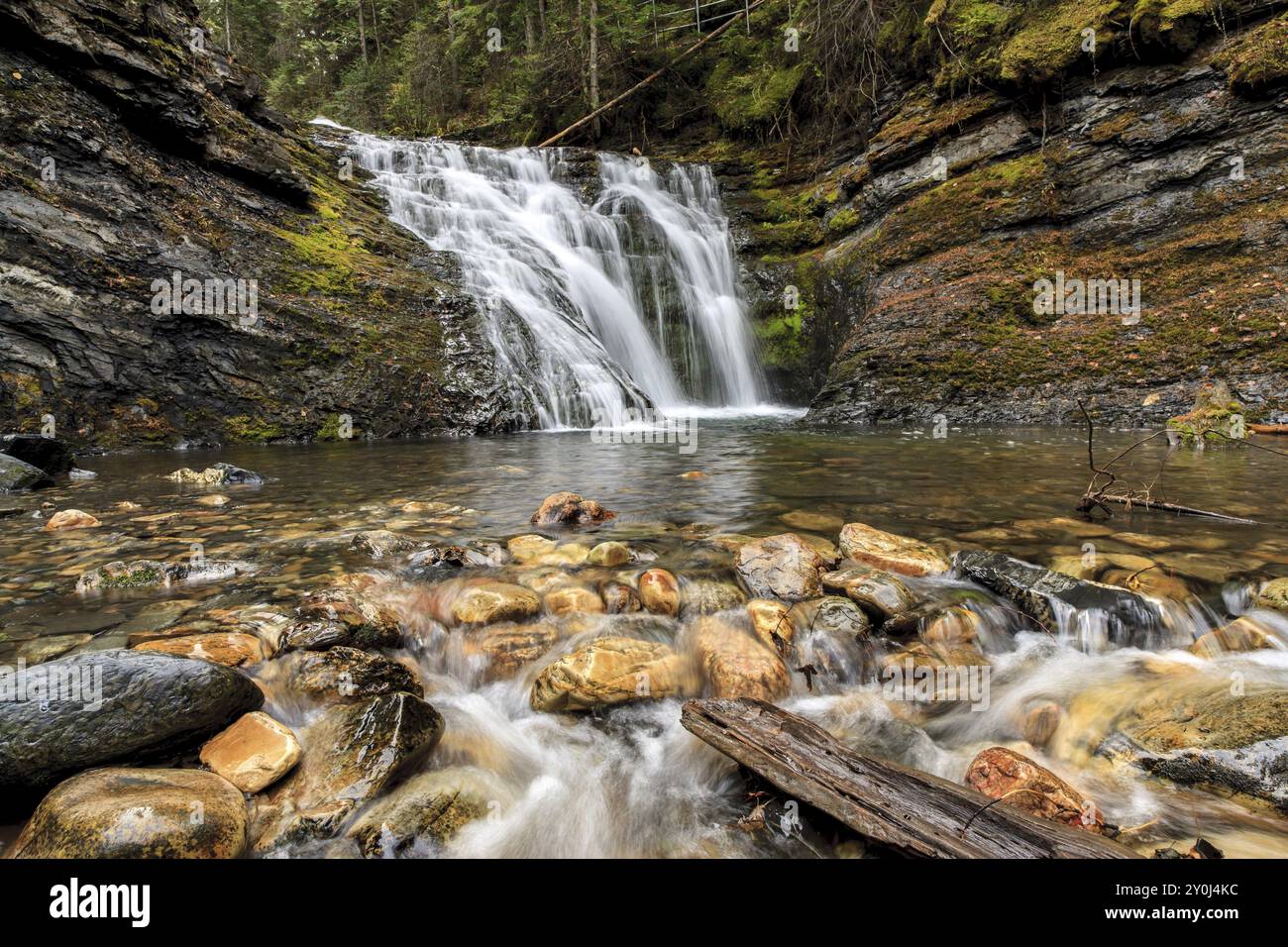 L'acqua scorre sopra le rocce delle Lower Sweetcreek Falls, vicino a Metaline, Washington Foto Stock