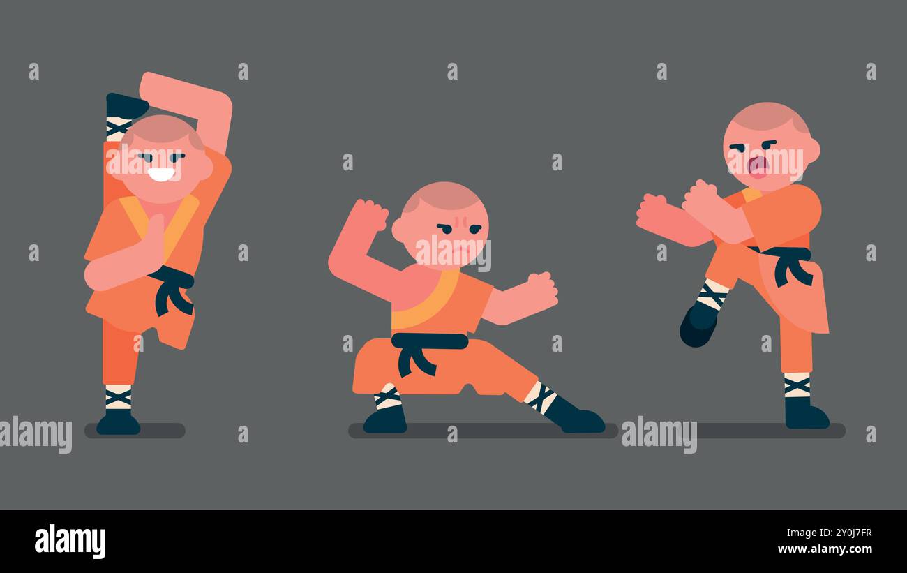 Shaolin ragazzo con abito tradizionale arancione gioca a kung fu, allenamento karate nel tempio grigio, ragazzo cinese pratica per combattere i nemici, vettore Avatar piatto Illustrazione Vettoriale