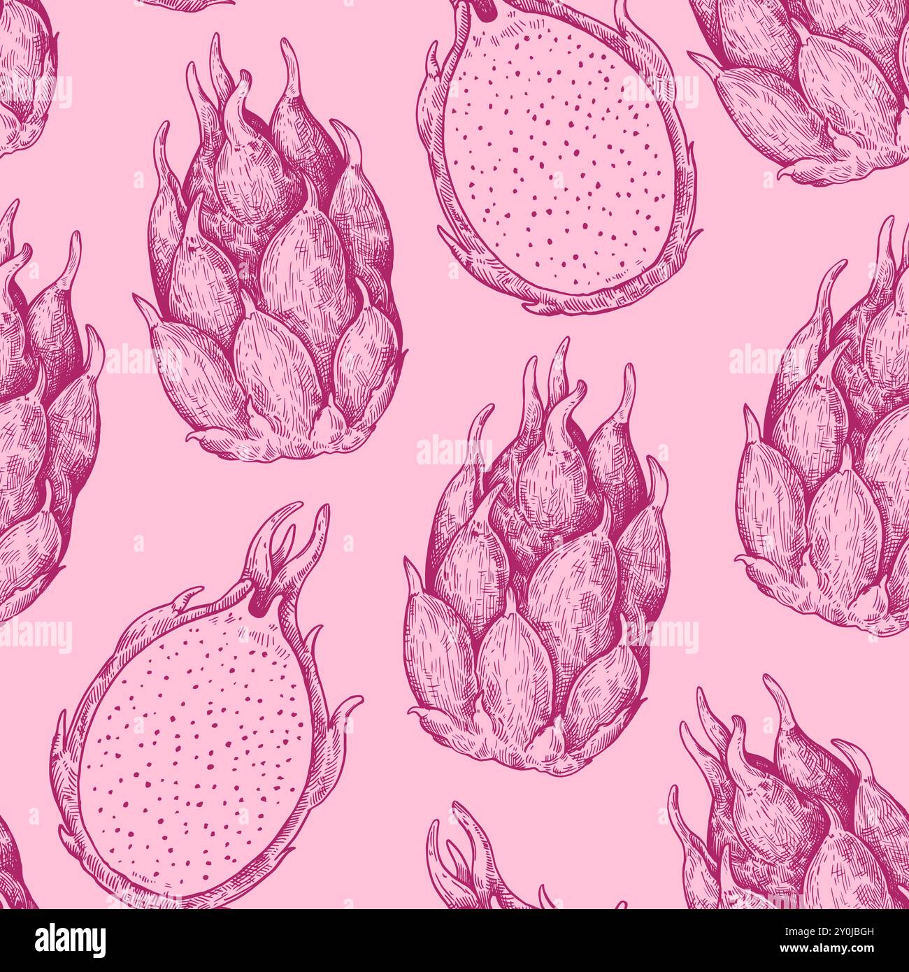 Motivo senza cuciture con frutti di drago. Illustrazione monocromatica in stile retrò. Illustrazione Vettoriale