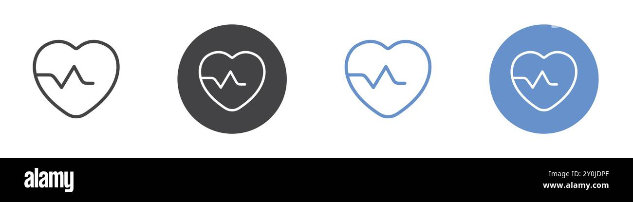 Icona heartbeat Set piatto in bianco e nero contorno segno vettoriale Illustrazione Vettoriale