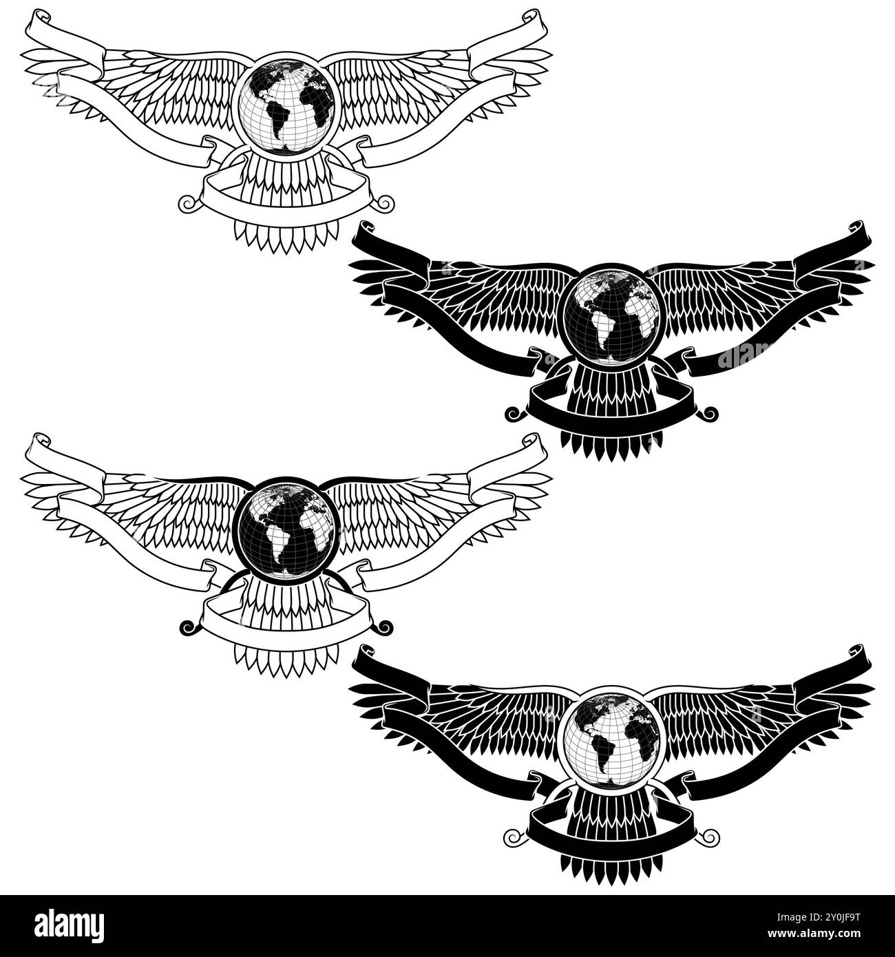 Disegno vettoriale del simbolo Faravahar, simbolo della religione zoroastriana, disco alato con pianeta terra e nastro Illustrazione Vettoriale