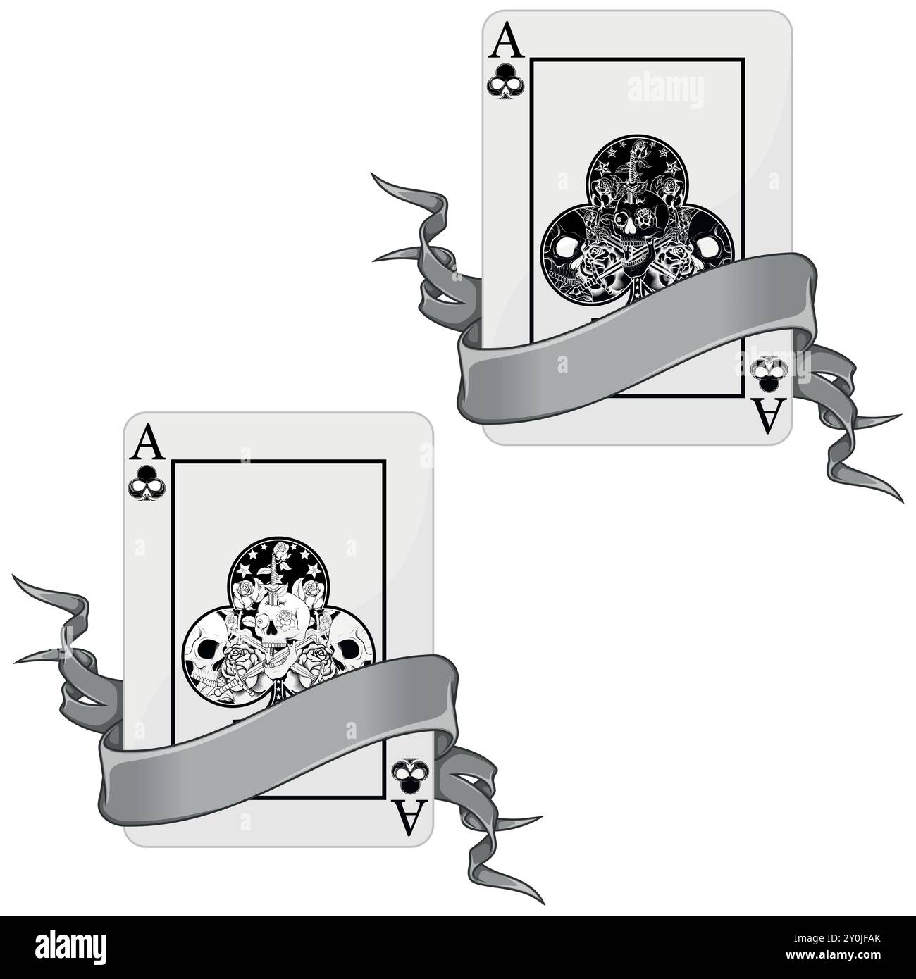 Disegno vettoriale di carte da poker con nastri, con simboli trifoglio, nastro che circonda una carta da poker in stile Halloween Illustrazione Vettoriale