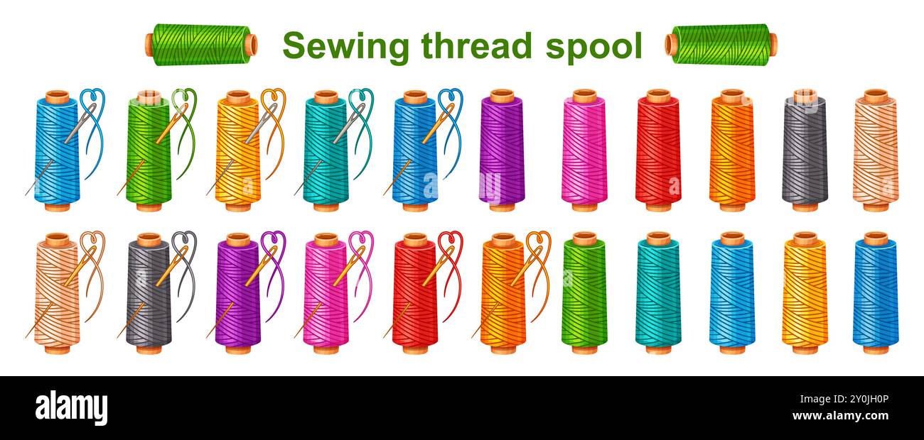 Stelo con filetto per cucire con ago per cucire a mano, colorato filo di cotone. Bobina di filamento per ricami ad ago. Insieme di icone della bobina della stringa di Unione Illustrazione Vettoriale