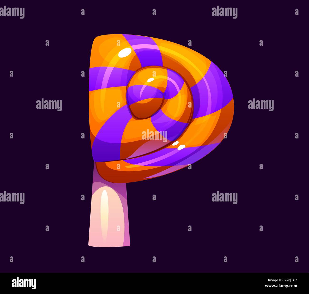 Font Letter P Halloween, cartoni animati malvagi, divertente carattere spaventoso, lettera maiuscola dell'alfabeto spettrale progettata come un lecca lecca colorato con vortici arancioni e viola. Trucco vettoriale isolato o trattamento abc Illustrazione Vettoriale