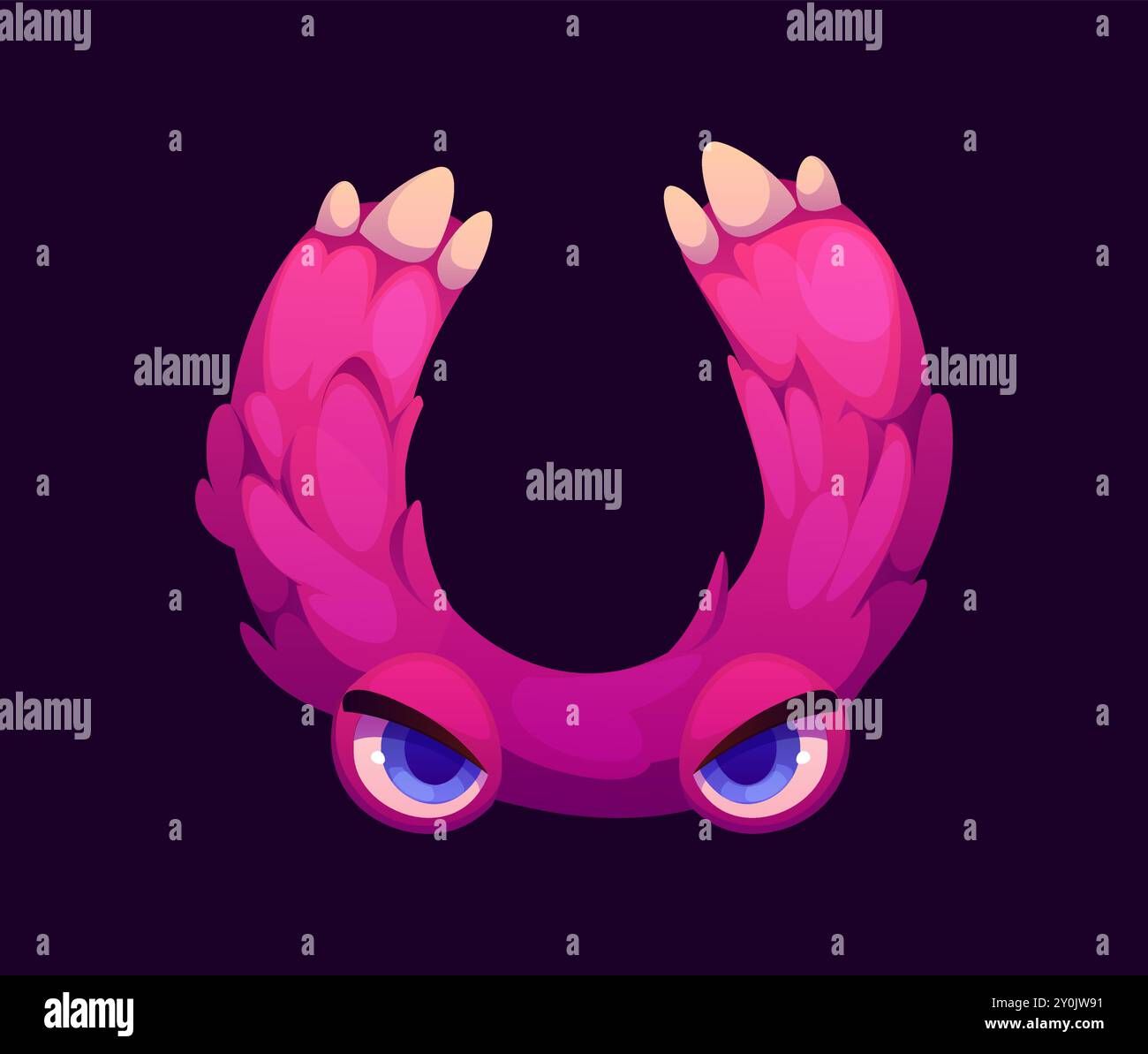 Font Letter U Halloween, cartoni animati malvagi, divertente carattere spaventoso, lettera maiuscola dell'alfabeto spettrale come un mostro peloso rosa con artigli e occhi blu. Carino animale peloso isolato del vettore, carattere latino abc Illustrazione Vettoriale