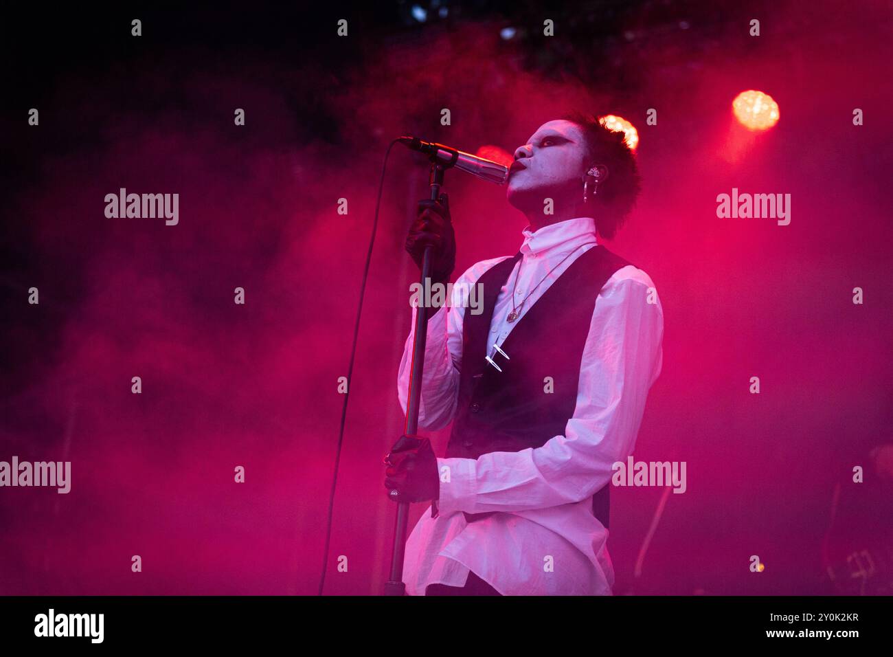 Parigi, Francia. 25 agosto 2024. Sean Lee Bowie, conosciuto come Yves Tumor, si esibisce dal vivo al Rock en Seine Festival, a Parigi. Yves Tumor si è esibito dal vivo nell'ultimo giorno del festival musicale Rock en Seine, a Parigi. (Foto di Telmo Pinto/SOPA Images/Sipa USA) credito: SIPA USA/Alamy Live News Foto Stock