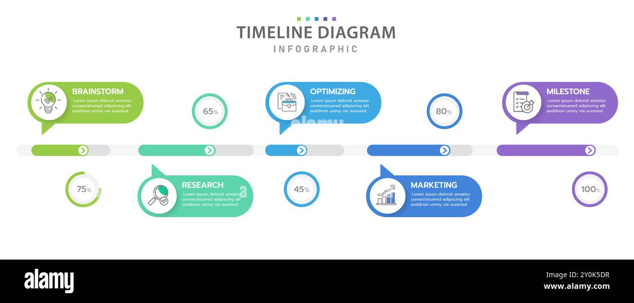 Modello infografico per le aziende. 5 argomenti con calendario dei diagrammi della cronologia moderna mesi, infografica vettoriale di presentazione. Illustrazione Vettoriale
