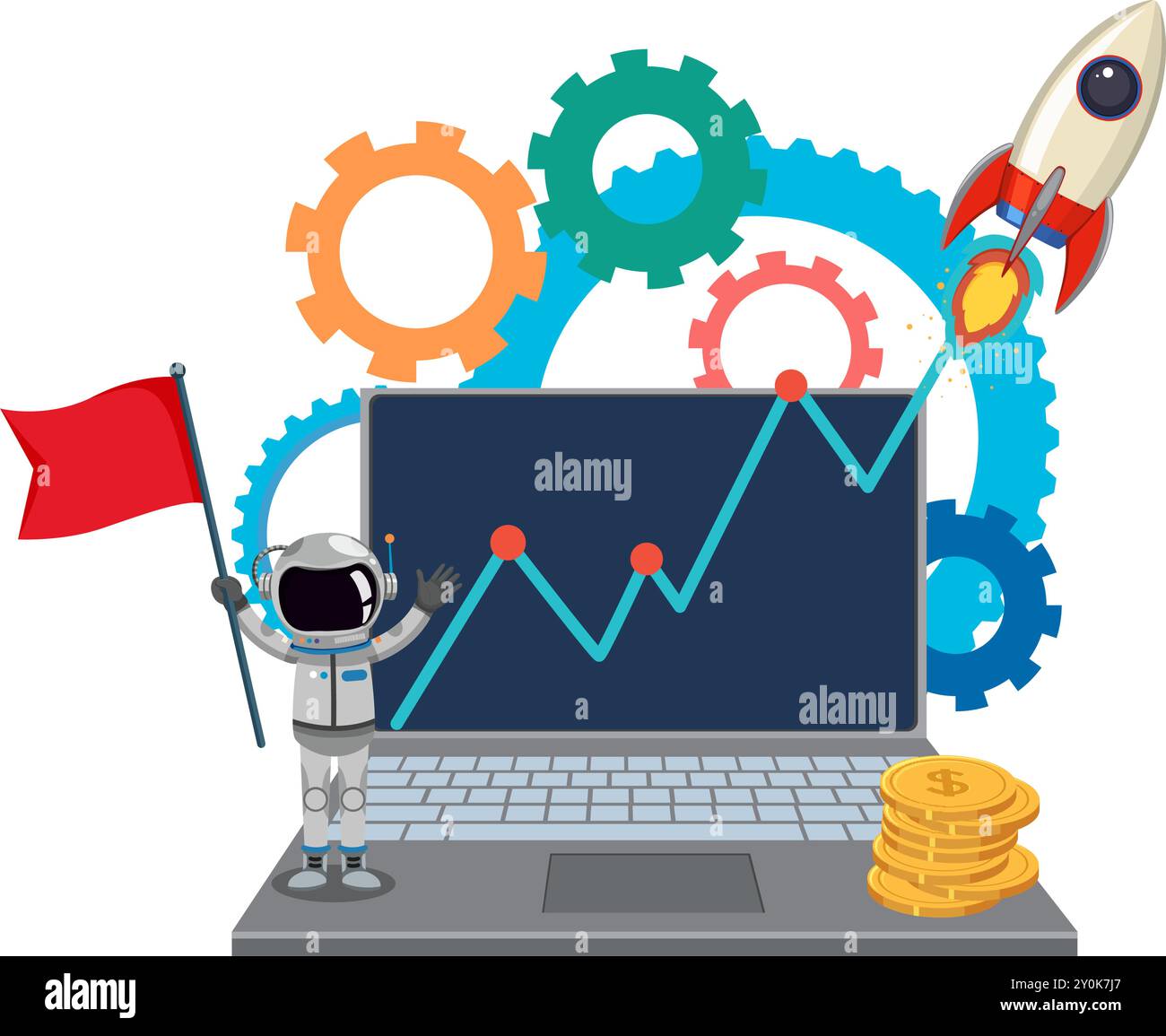 Astronauta, razzo e notebook con grafico di crescita Illustrazione Vettoriale