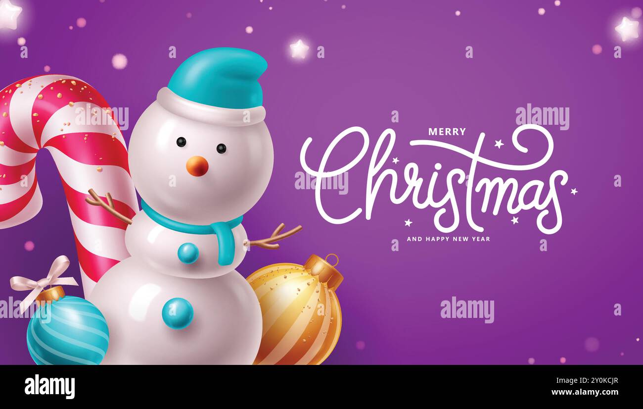 Design vettoriale di auguri natalizi. Personaggio di pupazzo di neve con bastone di caramelle, palle e stelle luccicanti per salutare le festività natalizie in inverno con neve viola Illustrazione Vettoriale