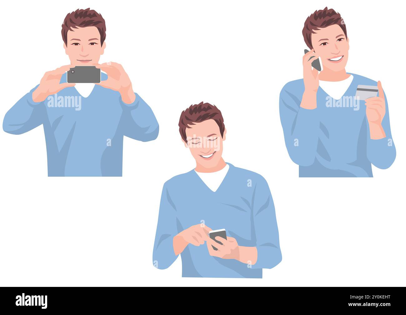 Uomo che scatta foto con uno smartphone, invia un'e-mail e fa acquisti con una carta di credito Foto Stock