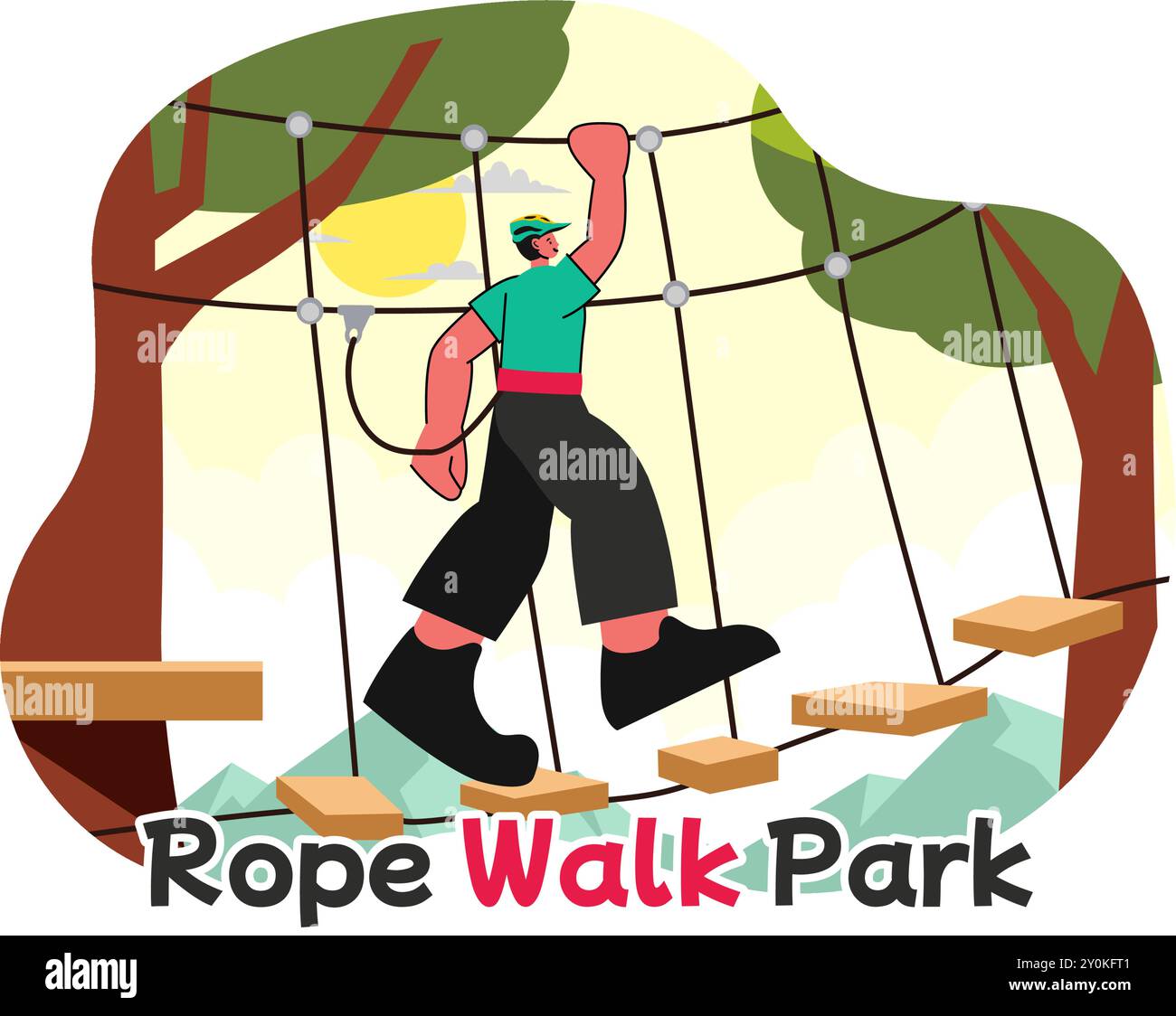 Rope Walk Park Vector illustrazione di un'attività avventura per bambini arrampicata su corde in altezza, superamento di ostacoli con attrezzature sicure Illustrazione Vettoriale