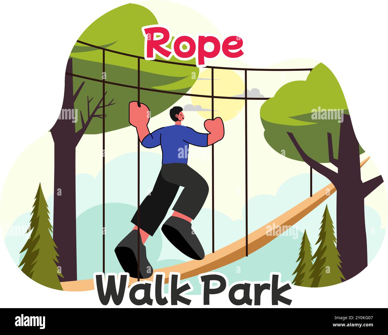 Rope Walk Park Vector illustrazione di un'attività avventura per bambini arrampicata su corde in altezza, superamento di ostacoli con attrezzature sicure Illustrazione Vettoriale