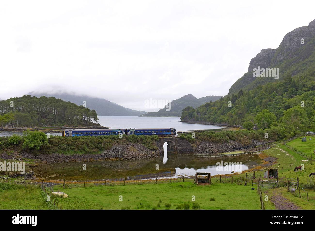 Servizio ferroviario ScotRail da Inverness a Kyle in avvicinamento a Plockton a fianco di Loch Carron, Scozia, luglio 2024 Foto Stock