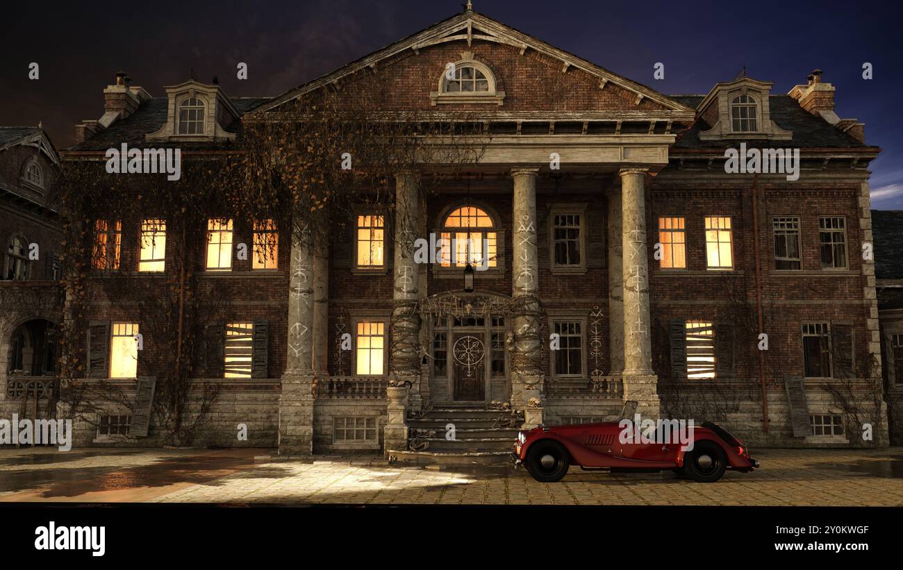 un vecchio palazzo minacciato dal decadimento con illuminazione interna completa e una storica auto sportiva davanti alla porta Foto Stock