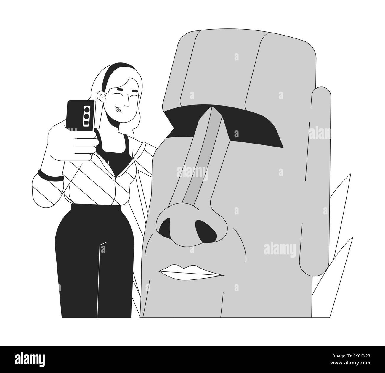 Donna bionda felice che scatta selfie con la statua moai in bianco e nero del personaggio dei cartoni animati 2D. Illustrazione Vettoriale