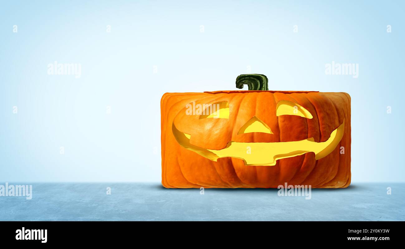 Divertente e creativo Jack-o-Lantern nei panni di una zucca di Halloween, simbolo autunnale dell'innovazione spettrale, come una zucca a forma quadrata che rappresenta le divertenti feste autunnali Foto Stock