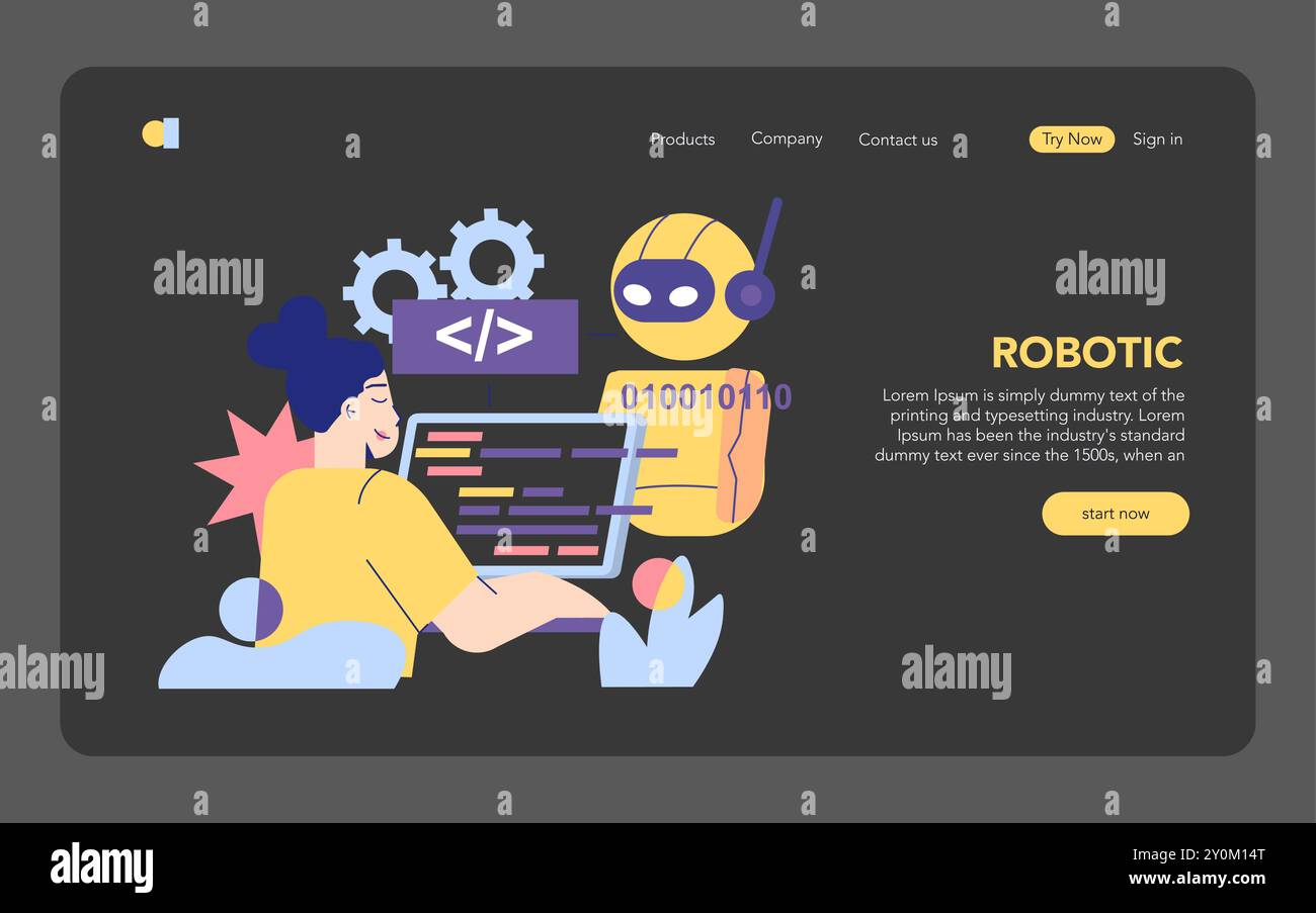 Concetto di formazione STEM. Uno studente interagisce con un robot tra elementi di codifica e tecnologia. Apprendimento online e aula digitale futuristica. Illustrazione vettoriale. Illustrazione Vettoriale