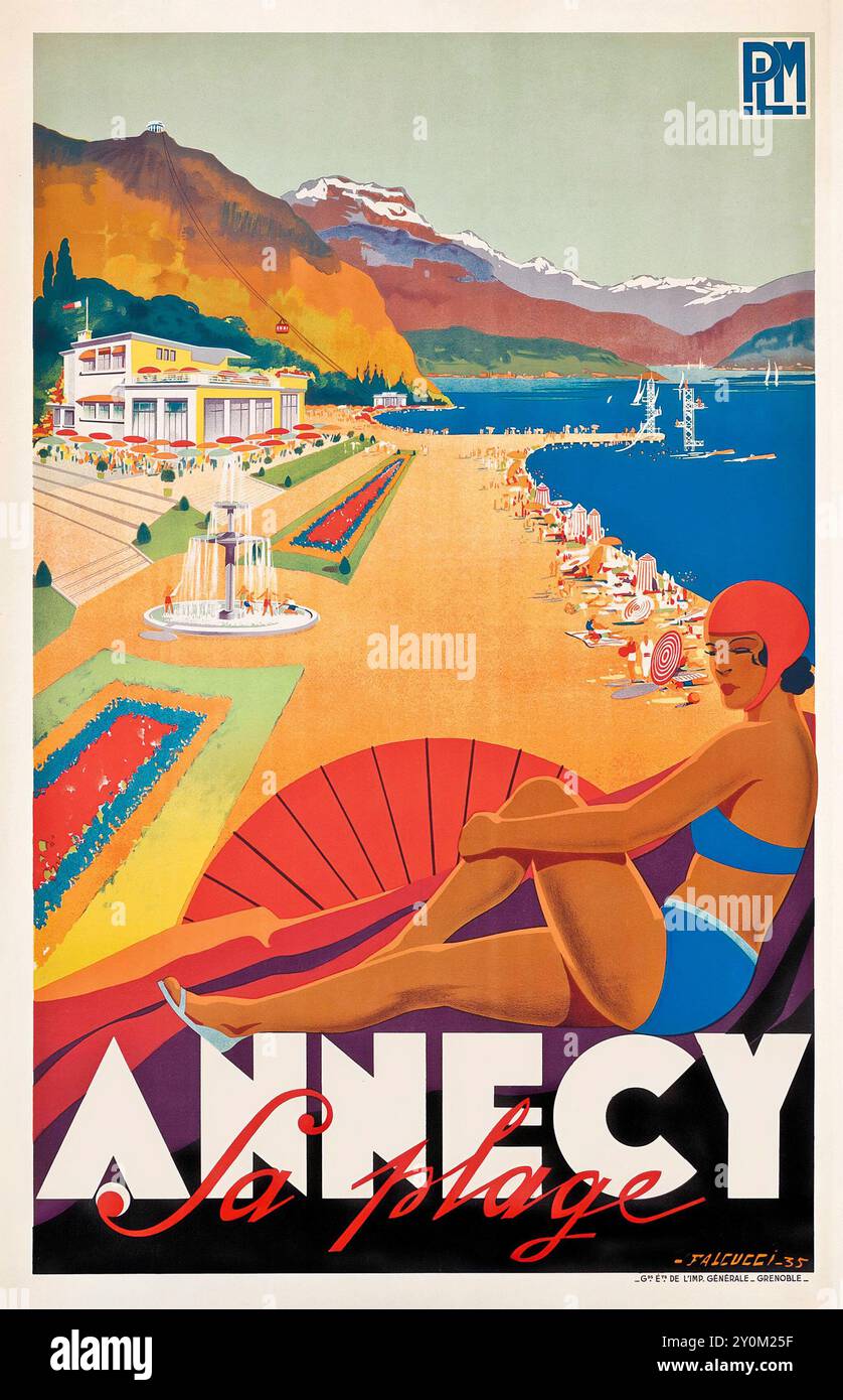 1935 Annecy Travel poster di Robert Falcucci "The Beach" - poster PLM Foto Stock