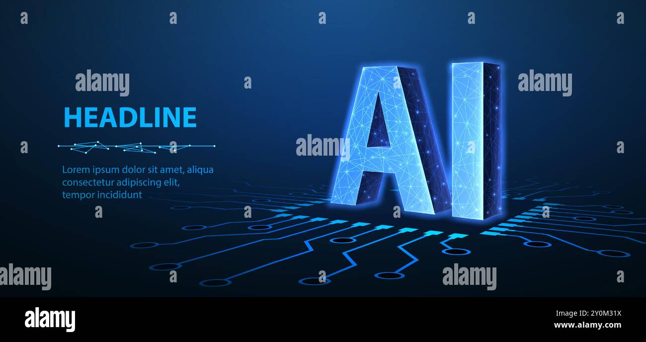 Lettere AI sul chip del circuito. Tecnologia AI, nucleo robot, linea elettrica, circuito stampato Illustrazione Vettoriale
