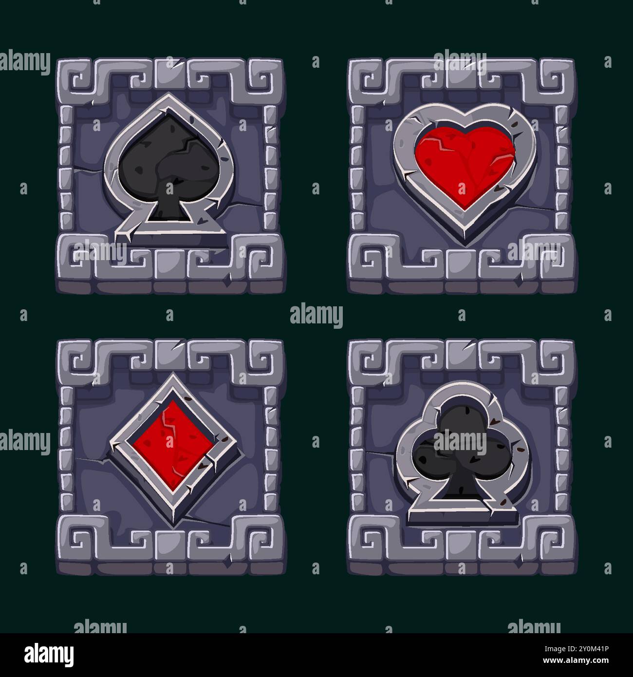 Icone delle carte da gioco nella cornice quadrata di pietra. Simboli di slot Maya o Aztec. Simboli cuore, vanga, diamante e club per il tuo gioco casual Illustrazione Vettoriale