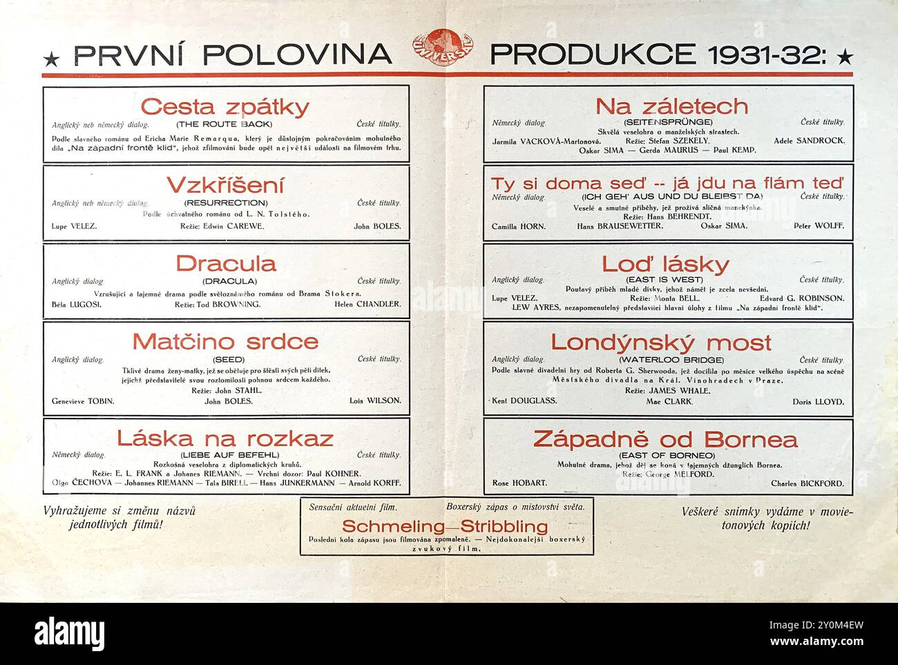 Scheda di annuncio degli espositori cechi dal FILM UNIVERSALE, Praha per i film in arrivo in Cecoslovacchia nella prima metà della stagione 1931 - 1932, tra cui BELA LUGOSI e HELEN CHANDLER in DRACULA, il regista TOD BROWNING (in inglese con sottotitoli cechi) LUPE VELEZ in RESURRECTION e EAST IS WEST e MAE CLARKE in WATERLOO BRIDGE e LA STRADA di RITORNO dal libro di Erich Maria Remarque che non È stato fatto fino al 1937 più alcune produzioni tedesche Foto Stock