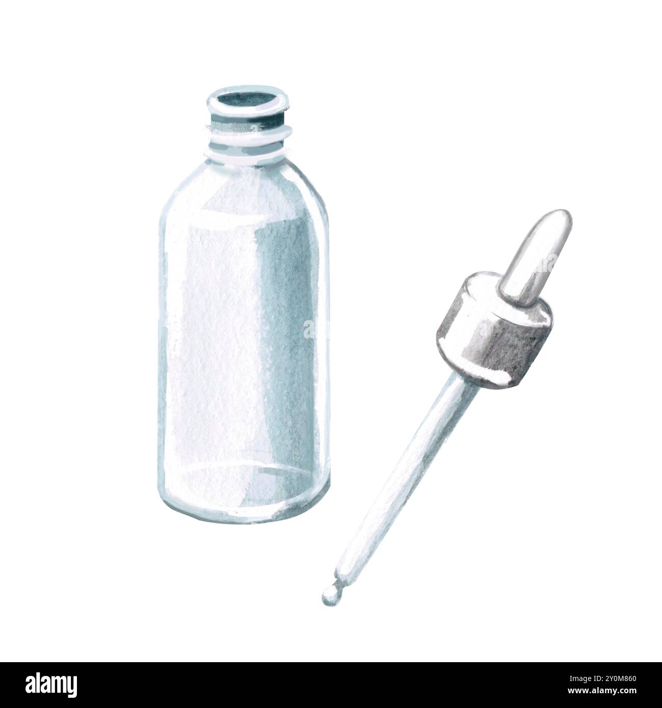 Flacone cosmetico vuoto trasparente con pipetta in acquerello. Illustrazione isolata in stile realistico per la progettazione di cosmetici, oli, collec medicale Foto Stock