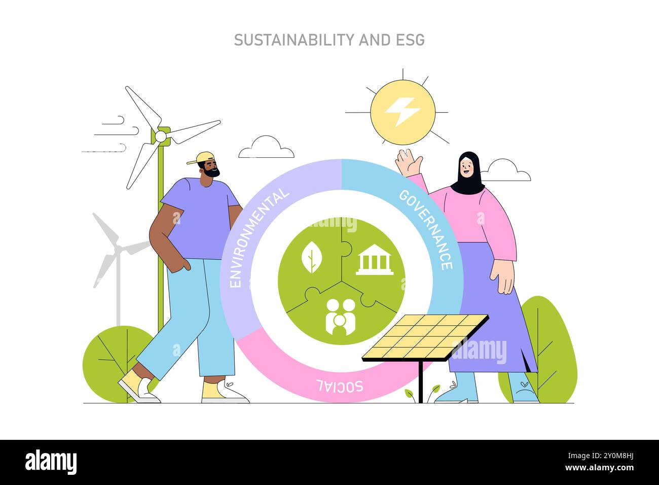 Sostenibilità e concetto ESG. Le persone sostengono l'energia rinnovabile e la responsabilità aziendale. Integrazione ambientale, sociale, di governance. Illustrazione vettoriale. Illustrazione Vettoriale