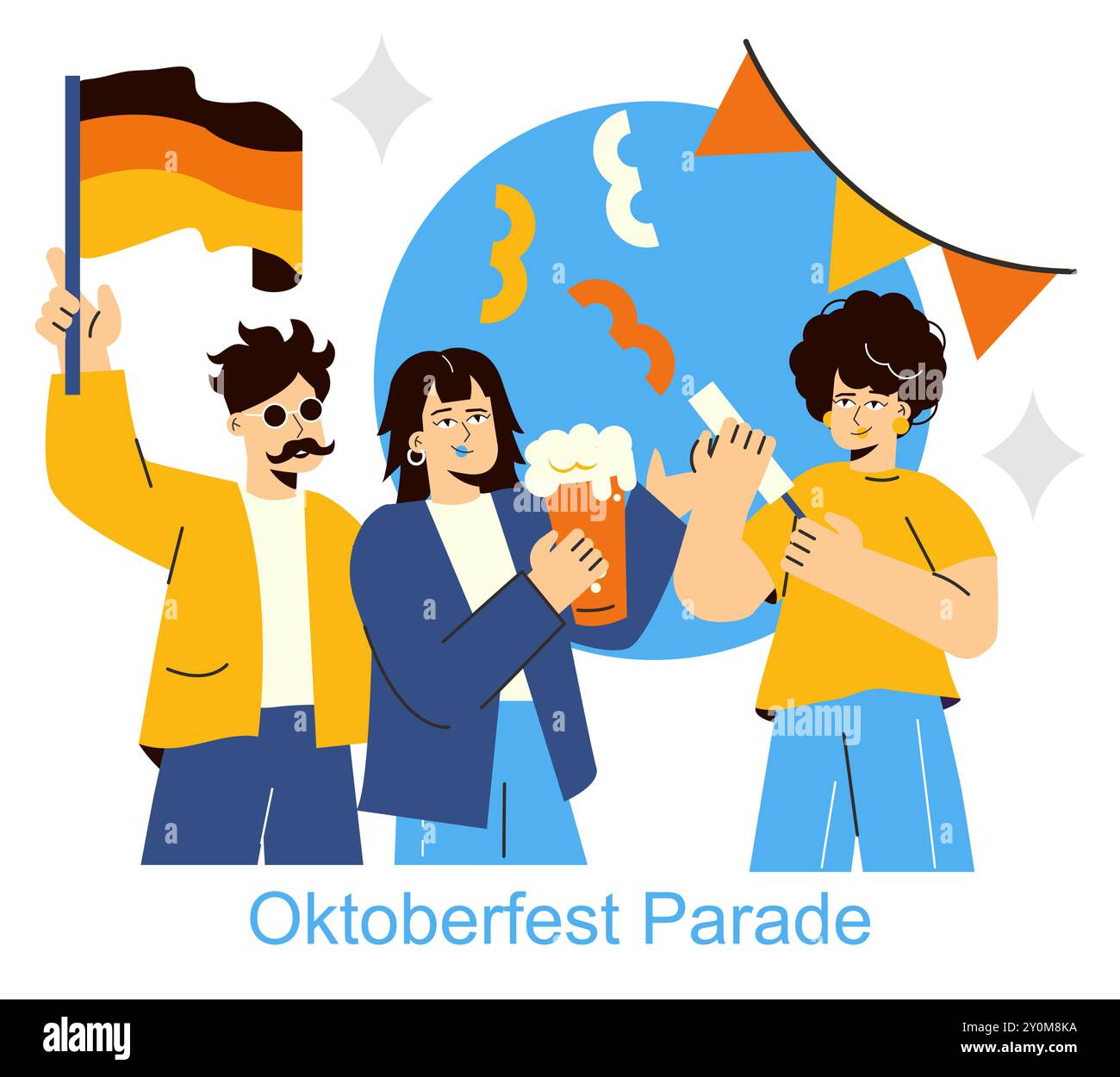 Concetto di celebrazione dell'Oktoberfest. Allegri amici con birra e bandiera che si godono la sfilata festosa. Tradizionale cultura tedesca del festival e divertimento. Illustrazione vettoriale. Illustrazione Vettoriale