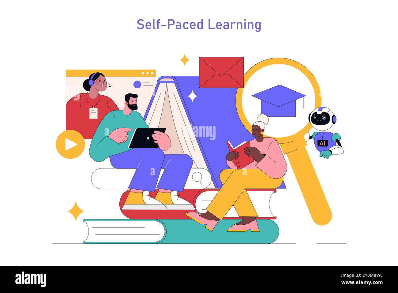 Concetto educativo per adulti. Studenti diversi si impegnano in uno studio autonomo con risorse digitali e tradizionali. Apprendimento online e integrazione con l'intelligenza artificiale. Illustrazione vettoriale. Illustrazione Vettoriale