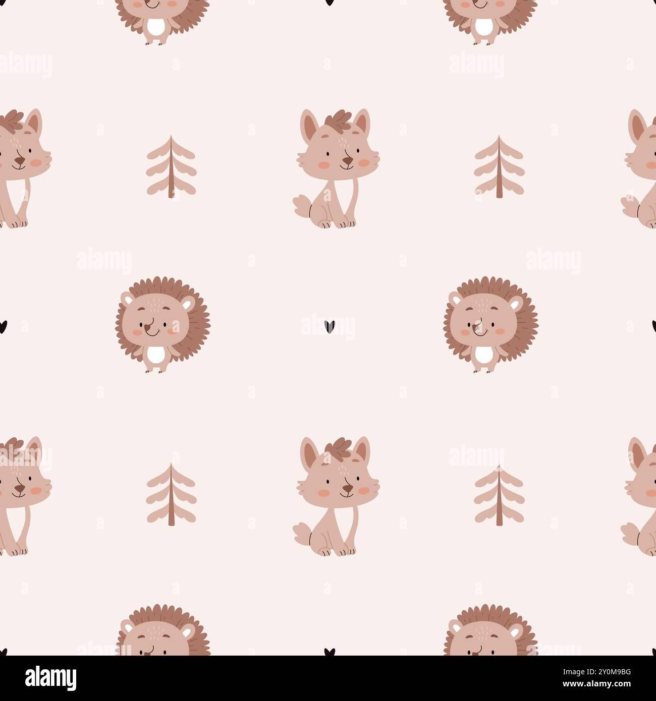 Un modello semplice, accogliente, autunnale in un riccio minimalista, lupo, foglie, alberi di Natale, alberi, pini, elementi grafici modellano in uno scandinavo Illustrazione Vettoriale