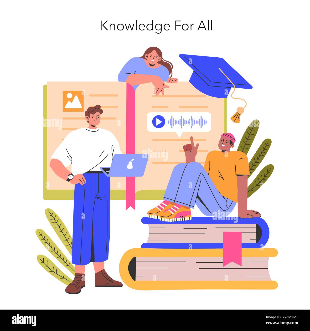 Conoscenza per tutti i concetti. Gruppo eterogeneo di discenti che utilizzano risorse didattiche multimediali. Alfabetizzazione digitale, opportunità di e-learning e istruzione accessibile. Illustrazione vettoriale. Illustrazione Vettoriale