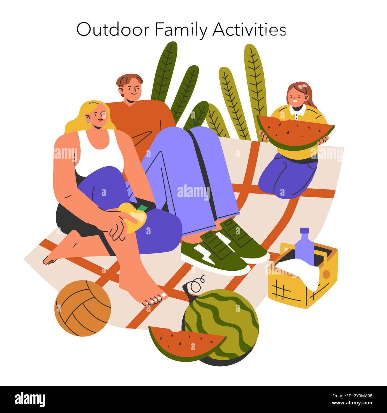 Concetto moderno per famiglie. Illustrazione di una famiglia che si diverte a fare un picnic e a praticare sport all'aperto. Tempo libero, stile di vita sano. Illustrazione vettoriale. Illustrazione Vettoriale