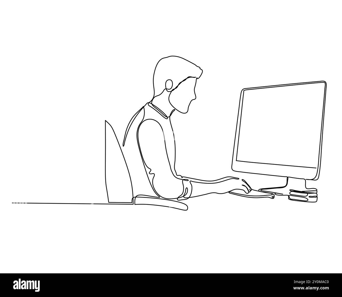Disegno minimalista di una persona che lavora su un computer a una scrivania. Ideale per concetti aziendali, tecnologici e di lavoro remoto. Design pulito e moderno Illustrazione Vettoriale