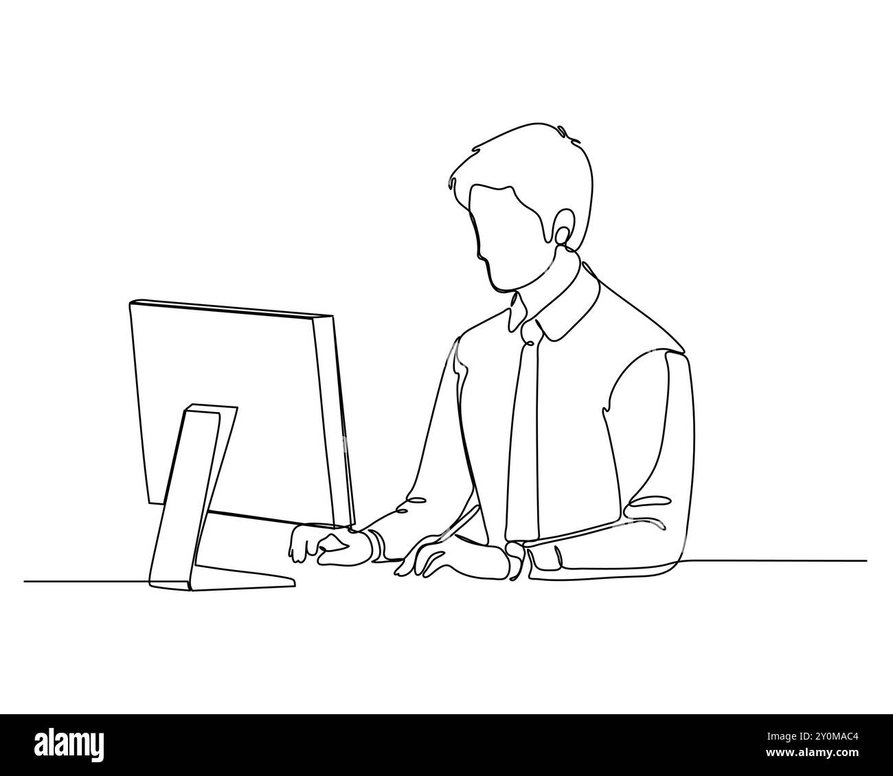 Un disegno continuo di una persona seduta a una scrivania, utilizzando un computer. La persona viene mostrata nella vista del profilo, di fronte allo schermo con le mani in mano Illustrazione Vettoriale