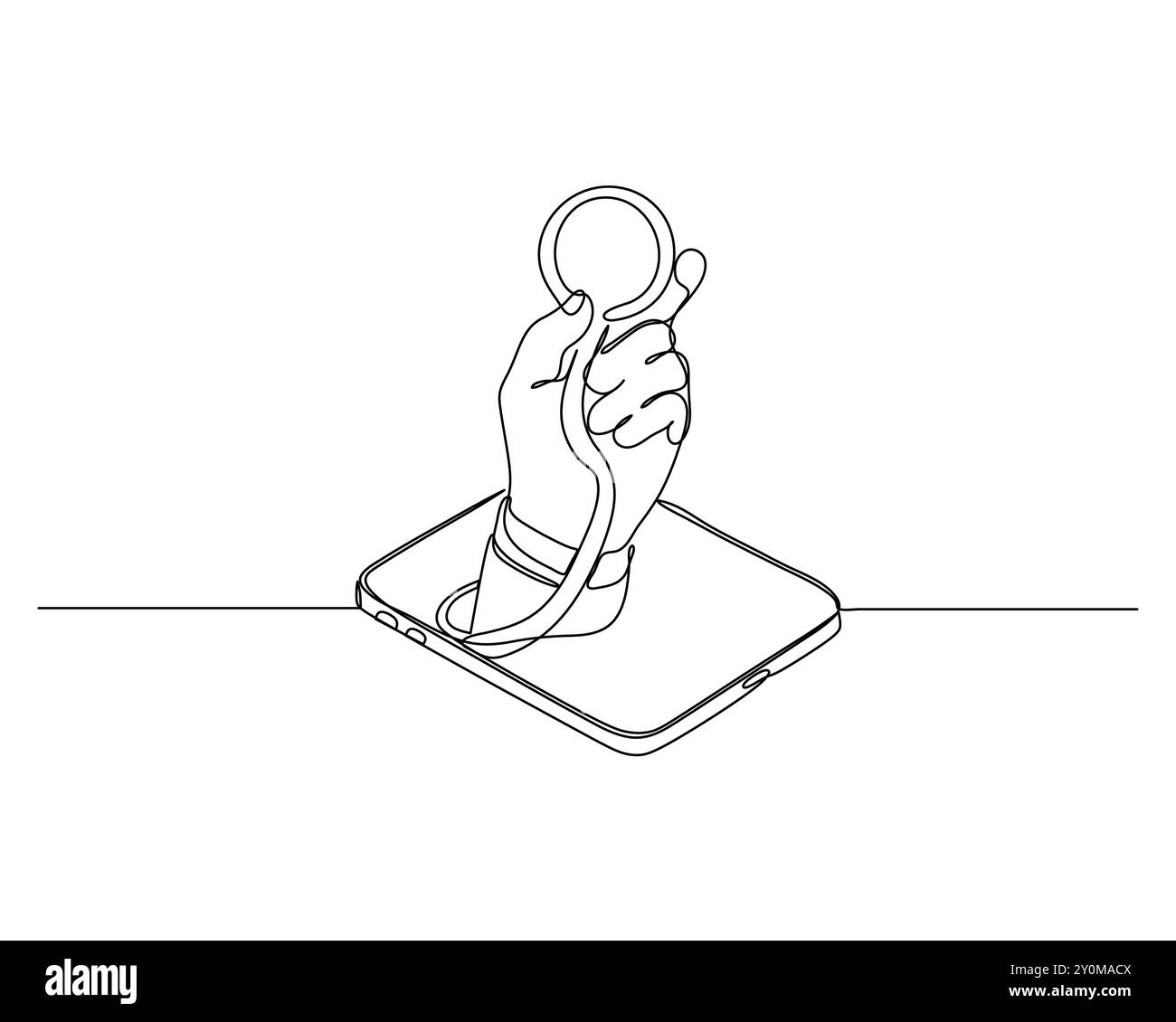 Una mano che regge uno stetoscopio emerge da uno schermo tablet, simboleggiando la telemedicina e i servizi sanitari digitali. Progettazione di disegni a linea continua Illustrazione Vettoriale