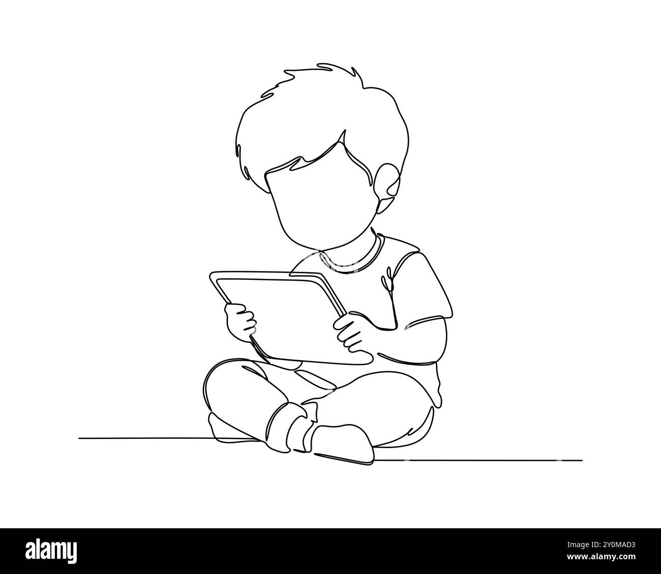 disegno in linea continua di un bambino seduto a gambe incrociate per terra, che tiene e guarda un tablet. Lo stile minimalista cattura la semplicità Illustrazione Vettoriale