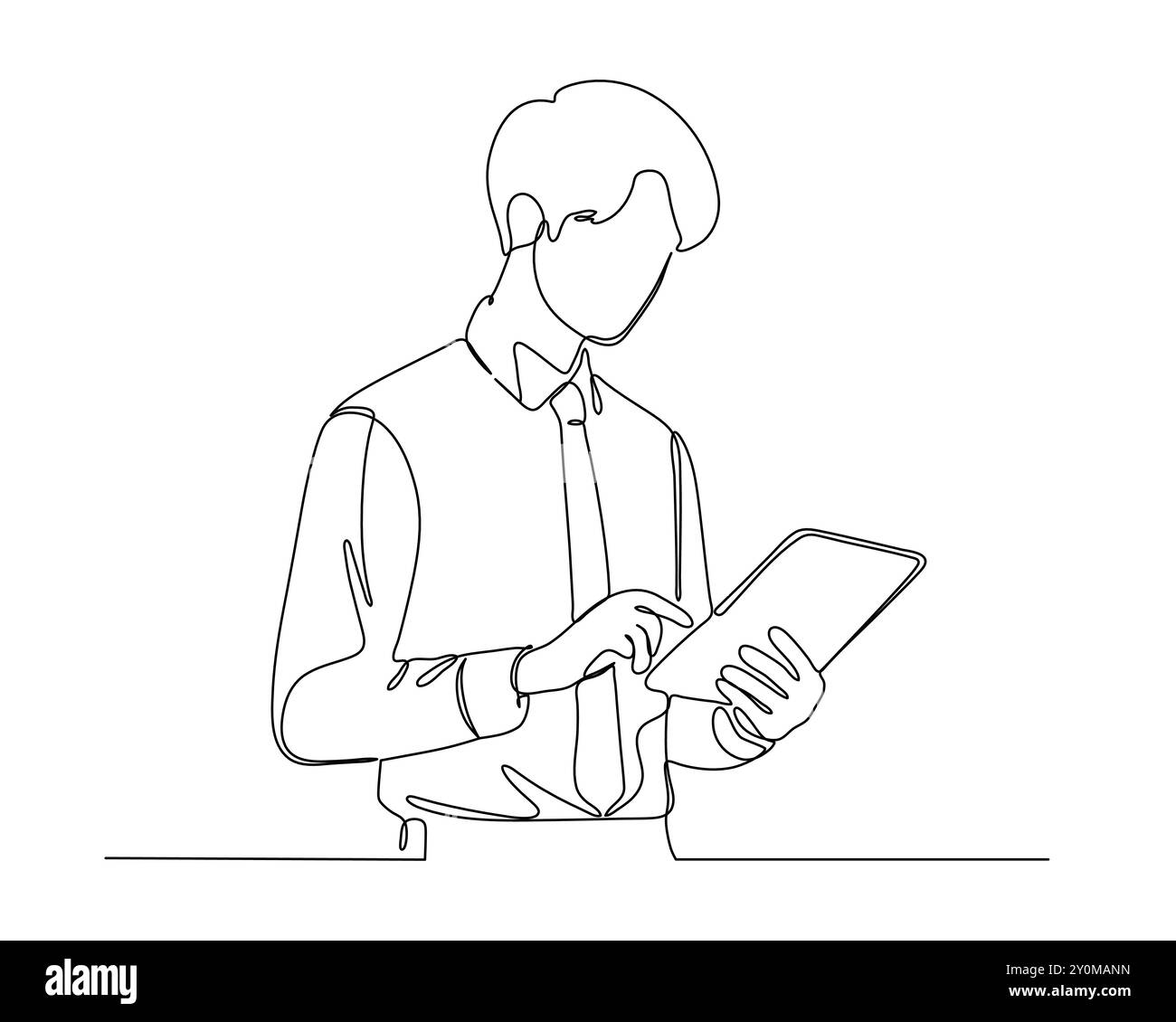 disegno continuo di una persona che tiene e guarda un tablet. L'individuo è raffigurato in vita, indossando una camicia arrotolata Illustrazione Vettoriale