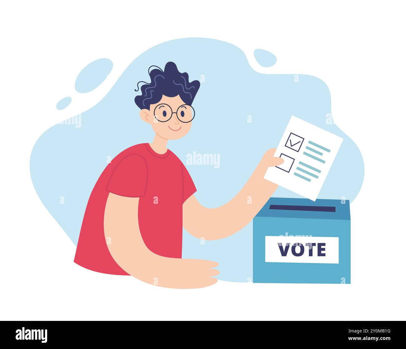 Uomo che mette un voto in una casella di voto. Concetto di campagna elettorale, illustrazione vettoriale in stile piatto Illustrazione Vettoriale