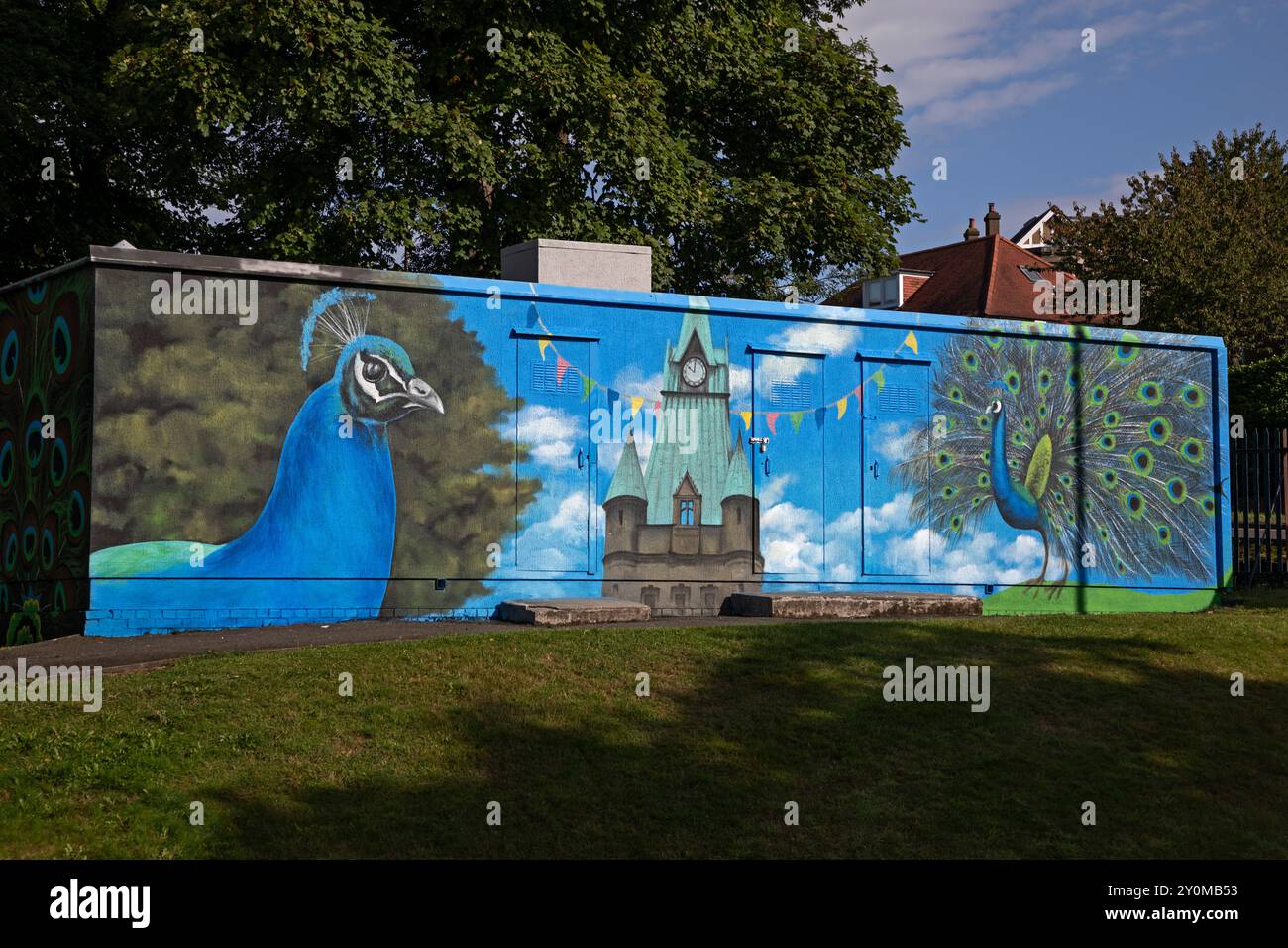 Dunfermline, Scozia, Regno Unito. 3 settembre 2024. Donna Forrester, artista di Fife, ha avuto la sfida di trasformare il padiglione di calcio locale nel parco di St Leonard a Dunfermline, è stata assistita dagli alunni della Dunfermline High che hanno raccolto alcune idee per il contenuto del murale e la gente locale ha dato feedback e votato per ciò che sarebbe stato incluso. Donna ha una vasta esperienza nella pittura, nel disegno e nella Street art, ha creato diversi murales e opere d'arte per progetti della comunità locale. Il completamento delle opere d'arte di qualche giorno fa segue l'assegnazione dei pavoni al Pittencrief Park Foto Stock