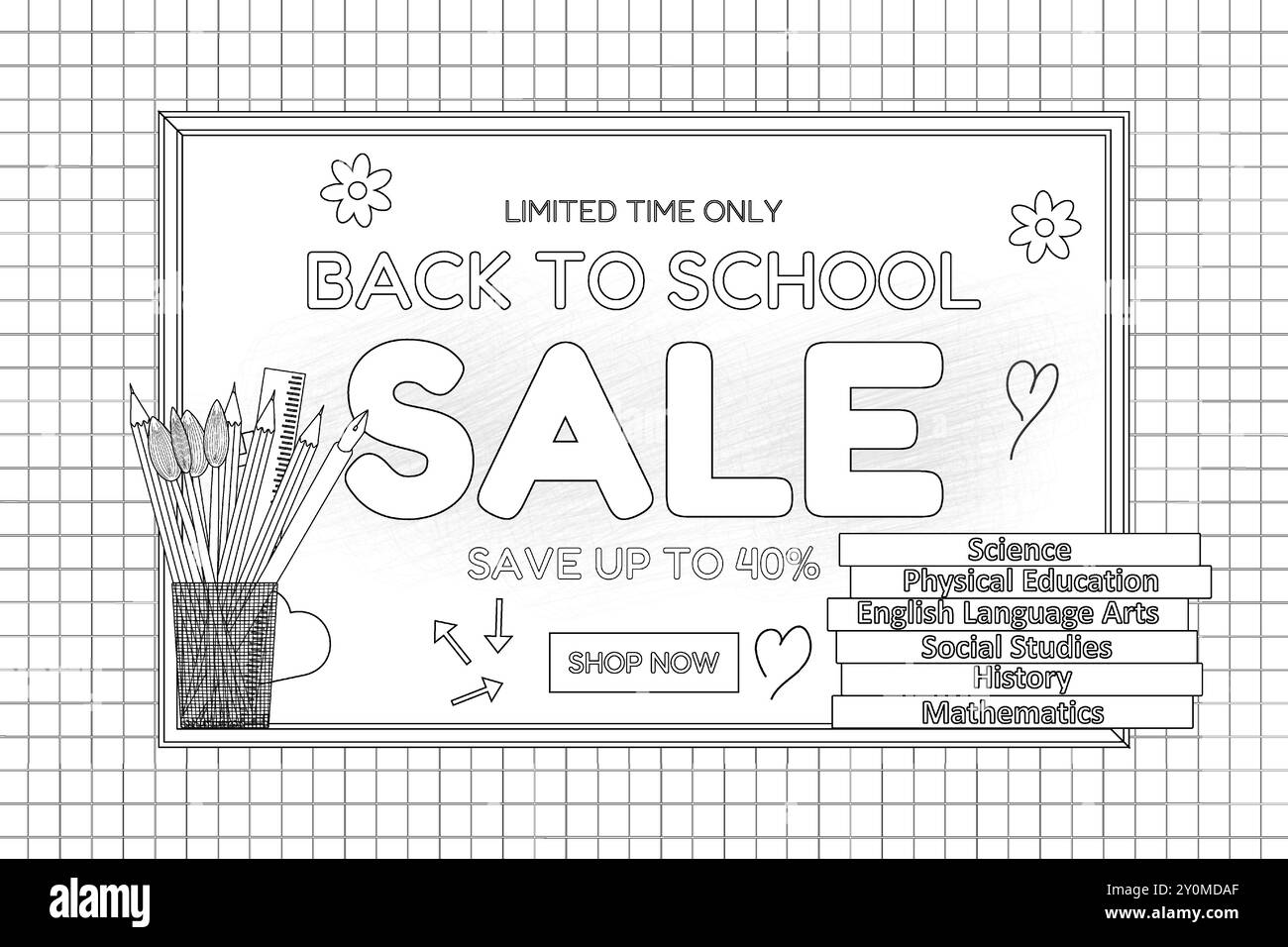 Un'illustrazione in bianco e nero con un annuncio di vendita back-to-School con matite, libri di testo e testo promozionale da colorare. Illustrazione Vettoriale