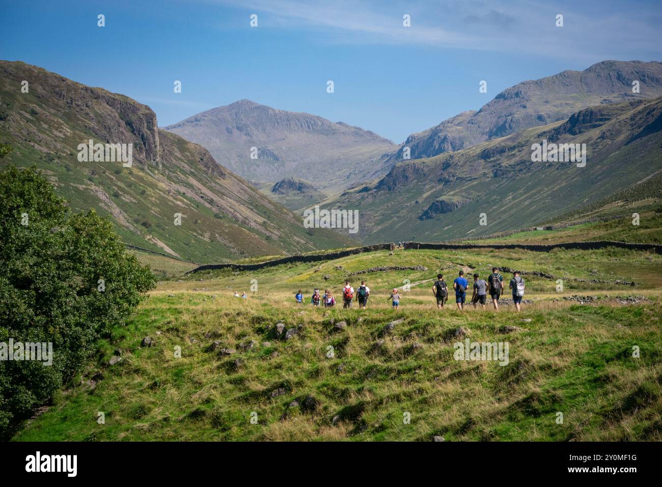 Persone che camminano lungo la valle di Esk in una calda giornata estiva verso Tongue Pot, Eskdale Pools e Bowfell Foto Stock