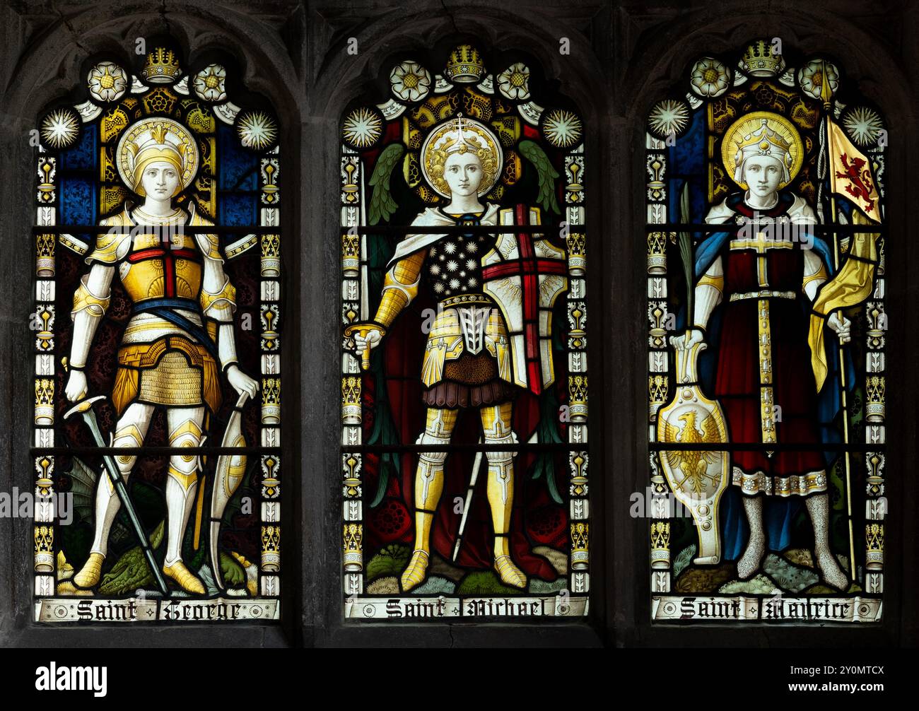 Santi Giorgio, Michele e Maurizio, Chiesa di San Nicola, Cottesmore, Rutland, Inghilterra, REGNO UNITO Foto Stock