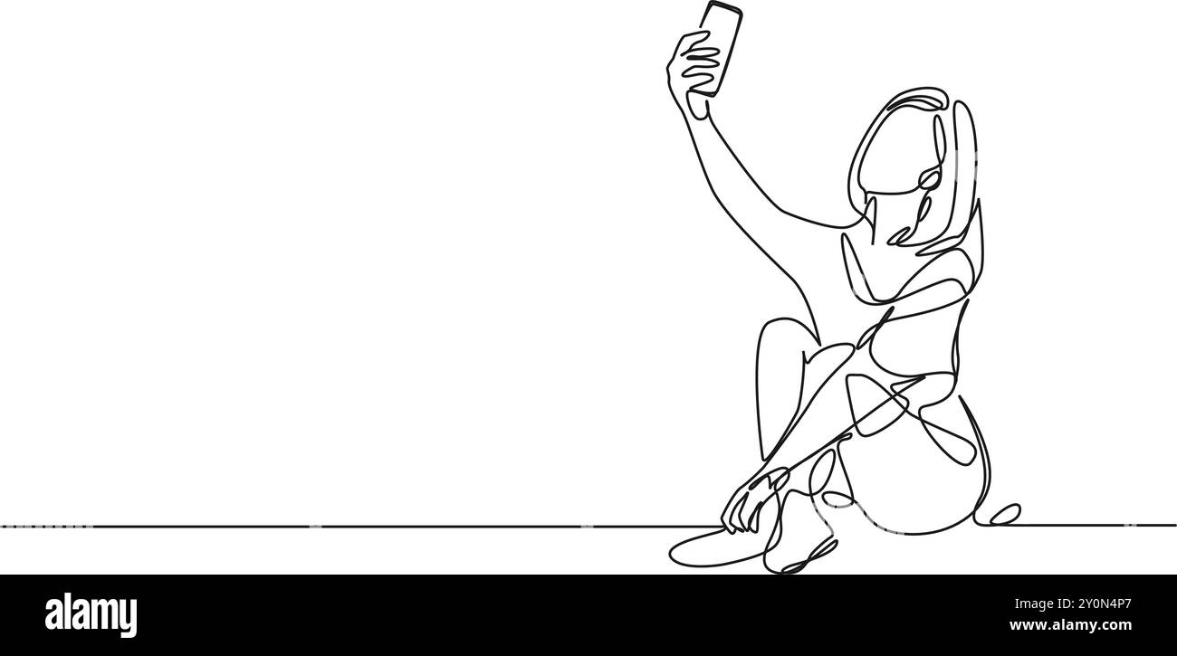 disegno continuo su una sola linea di una giovane donna seduta sul pavimento che scatta selfie, illustrazioni vettoriali di line art Illustrazione Vettoriale