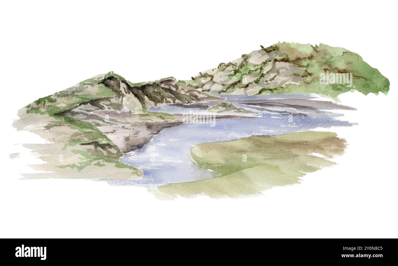 Paesaggio paesaggistico, scogliere di montagna scogliere scogliere, prato verde con ruscello del fiume, disegnato a mano in acquerello. Illustrazione per gli annunci dei residence Foto Stock Paesaggio paesaggistico, scogliere di montagna scogliere scogliere, prato verde con ruscello del fiume, disegnato a mano in acquerello. Illustrazione per gli annunci dei residence Foto Stock