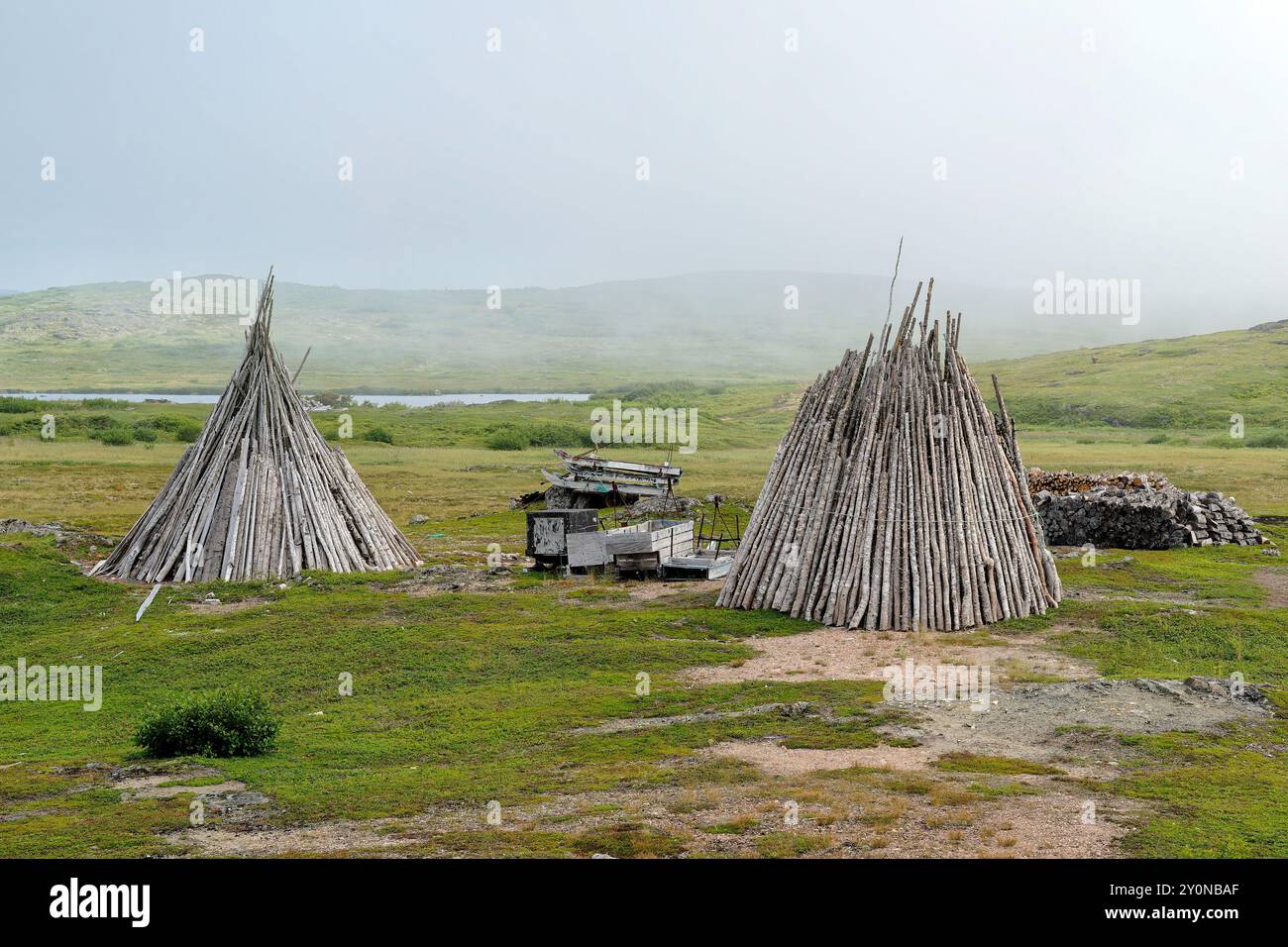 Pile di legno stagionato per uso invernale a Red Bay, labrador Foto Stock